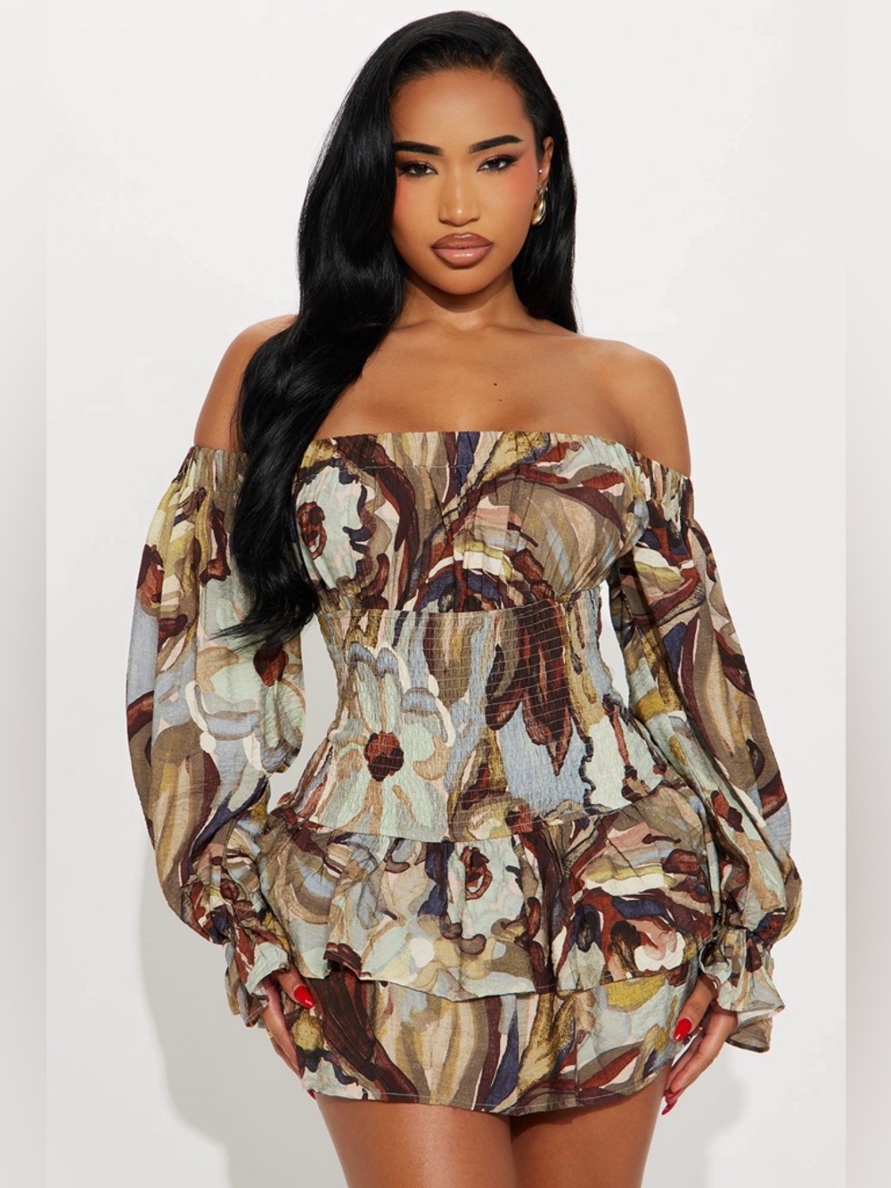 Fashion Nova Grace Off shoulder Floral Mini Dress - Blue/combo